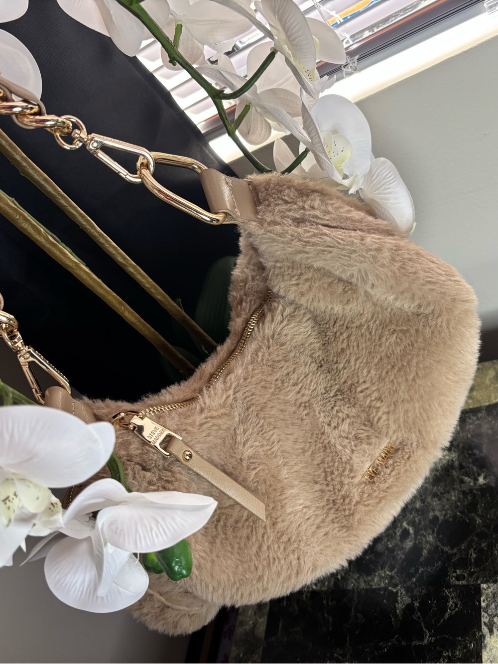 Steve Madden Taupe Purse Leather & Gold Chained … Furry